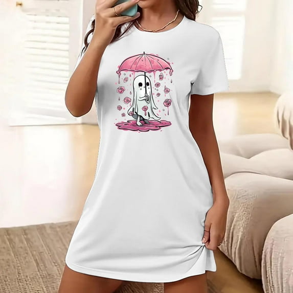 Sakmal Moomoo Sleep Dress for Women White Spooky Season Casual Short Mumu Dress Short Sleeve Ghost Print Nightgowns for Women