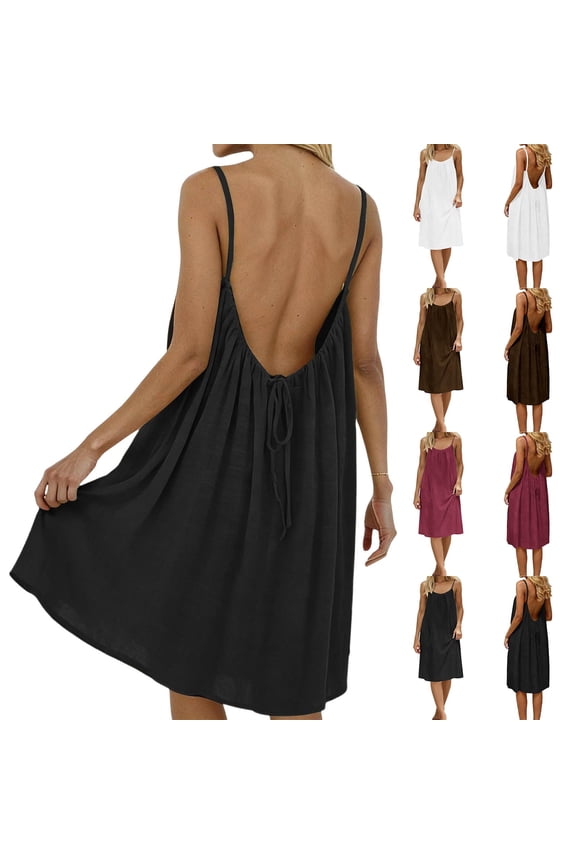 Mumu Backless Cami Dresses for Women Casual Mini Plus Size Lounge Dress Black Crew Neck Sleeveless Womens Sundress L