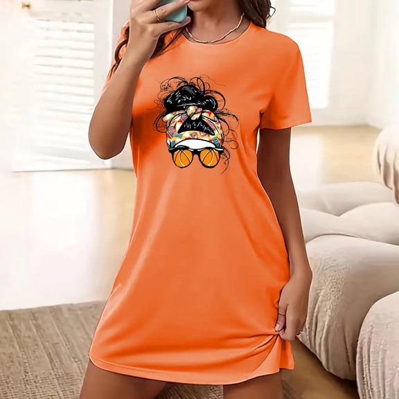 Sakmal Mumu Nightgowns for Women Loose Breathable Lightweight Orange Nightshirt Cartoon Print Crew Neck Short Sleeve Short Nightgowns S-2XL