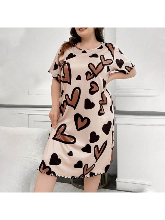 Mumu Nightgowns for Women Heart Print Short Sleeve Pajama Dress Lightweight Crew Neck Ladies Nightgown XL