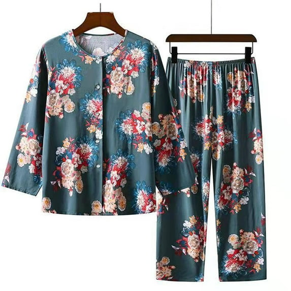 Sakmal Night Shirts for Women Pajamas Sets Cropped 3/4 Sleeve Button Down Graphic Cotton and Linen 2 Piece Ladies Sleepwear