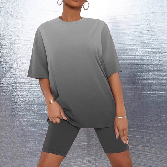 Sakmal Night Shirts for Women Pajamas Sets Elbow-Length Gray Shorts Pant Loose Fit Gradient Comfy Women'S Sleepwear