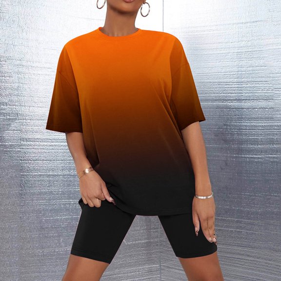 Sakmal Night Shirts for Women Pajamas Sets Shorts Pant Orange Elbow-Length Loose Fit Comfy Gradient Night Shirts for Women Sleepwear