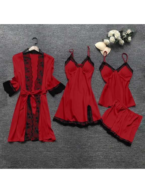 Night Shirts for Women Pajamas Sets Shorts Pant Sleeveless Red Solid Lace Sexy 4 Piece Sleepwear for Ladies