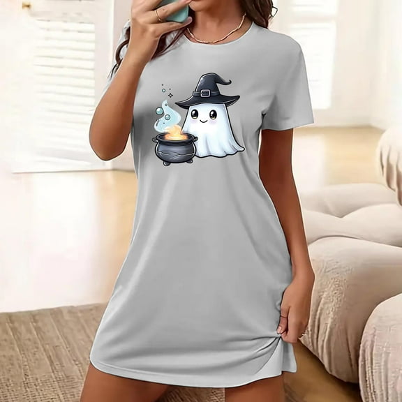 Sakmal Night dress for Women Cute Halloween Nightshirt Short Sleeve Ghost Print Gray Nightgowns