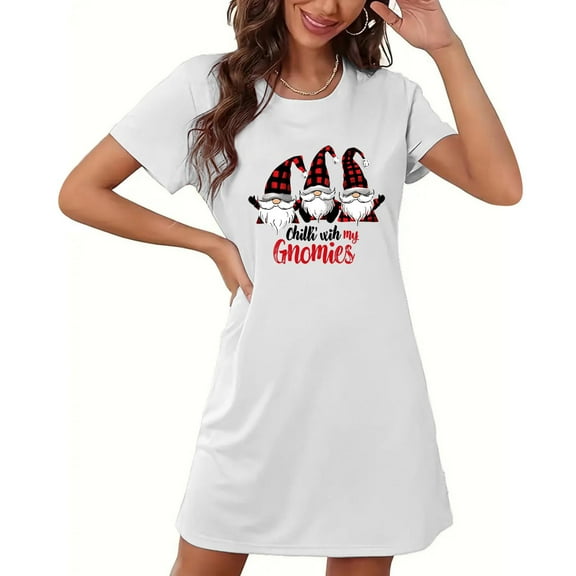 Sakmal Night dress for Women White Christmas Cute Sleepshirt Short Sleeve Santa Claus Print Nightgowns