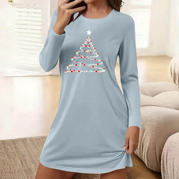 Sakmal Nightgowns Women Christmas MooMoo Pajama Dress Blue Long Sleeve Crew Neck Ladies Nightgowns XL
