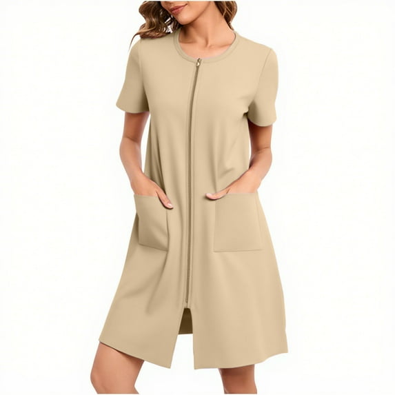 Sakmal Nightgowns Women Full Zip with Pockets Sleepwear Short Sleeve Beige Nightgowns for Women