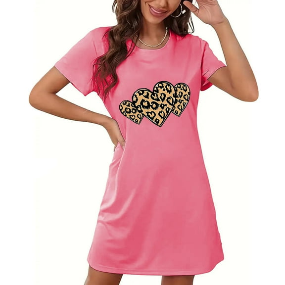 Sakmal Nightgowns Women Pink Soft Short Sleep Dress Short Sleeve Heart Print Nightgowns for Women