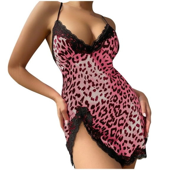 Sakmal Nightgowns for Women Chemises Side Split Loungewear Leopard Print Pink Sleeveless Chemises