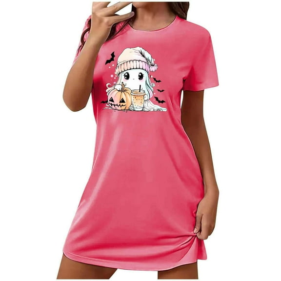 Sakmal Nightgowns for Women Cute Halloween Pajama Dress Short Sleeve Pink Ghost and Pumpkin Print Nightgowns