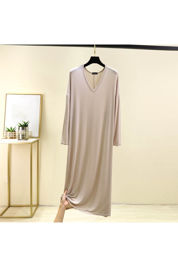 Nightgowns for Women V Neck Modal MooMoo Nightwear Long Sleeve Beige Ladies Nightgowns XL