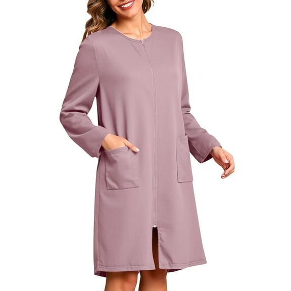 Sakmal Nightgowns for Women Zip Up Pink House Dress Long Sleeve with Pockets Cute Crew Neck Womens Nightgowns L