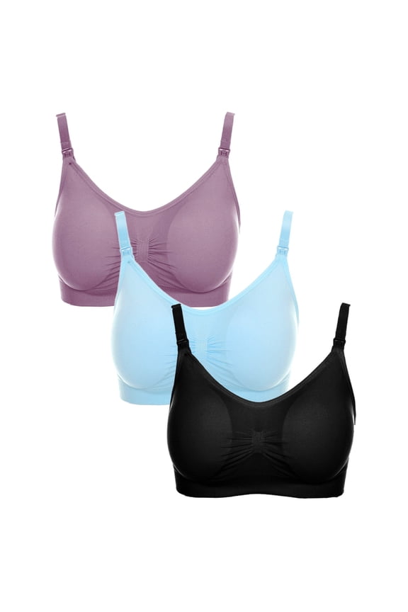 Nursing Womens Bras Under $10 Breastfeeding Solid Blue Seamless 3 Pack Maternity Friendly Tie Front Ladies Bra Plus Size