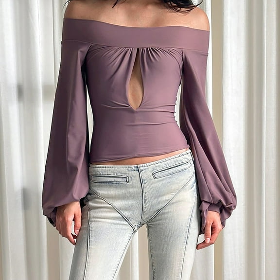 Sakmal Off Shoulder Blouses Women Bell Sleeve Purple Work Tops Long Sleeve Boat Neck Plain Blouses for Women