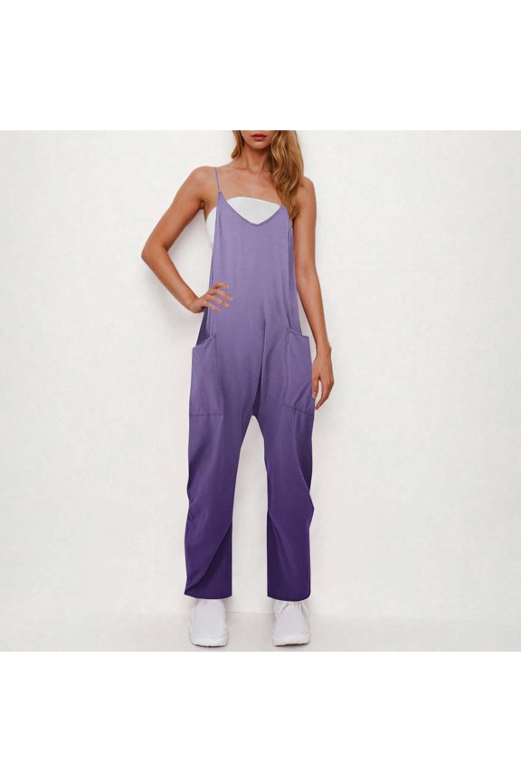 One Piece Jumpsuits for Women Sleeveless Workout Purple Plus Size Overalls Long Straight Leg Gradient V Neck Pants
