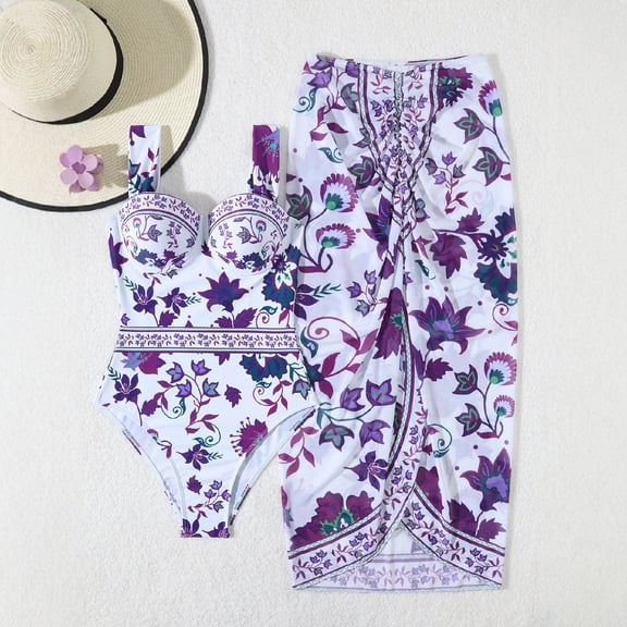 Sakmal One Piece Swimsuits Women 2 Piece Sets Plus Size Bathing Suit Purple Sweetheart Holiday Ladies Swimwear XL