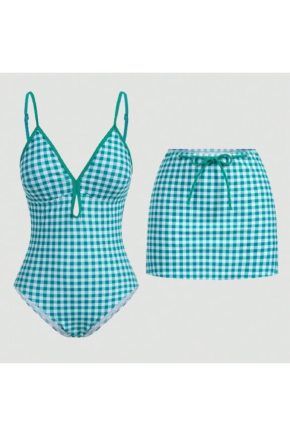 One Piece Swimsuits Women Full Coverage 2 Piece Sets Bathing Suit V Neck Summer Green Swimsuit for Women L