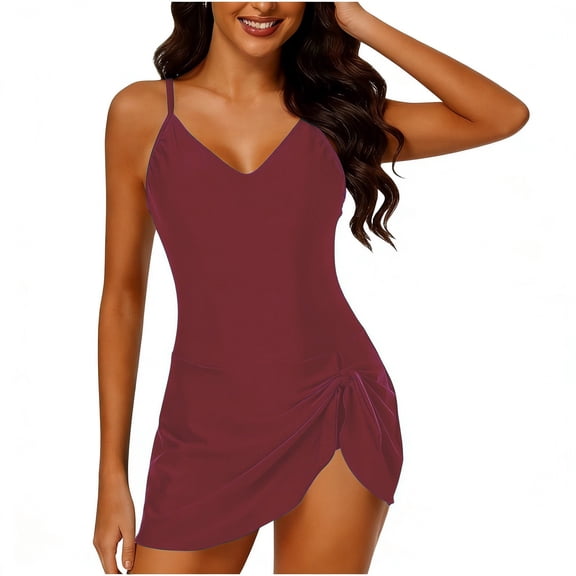 Sakmal One Piece Swimsuits Women Swim Dress Slimming Bathing Suit V Neck Red Holiday Bthing Suit for Women L