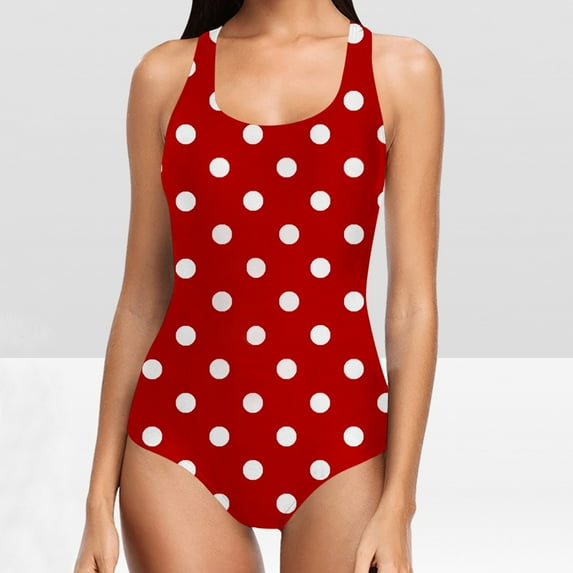 Sakmal One Piece Swimsuits for Women Red Slimming Tummy Control Square Neck Swimsuits Polka Dot Swimwear