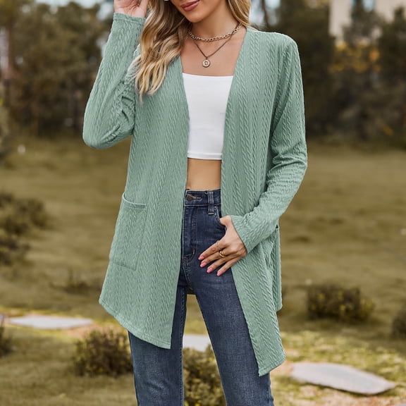 Sakmal Open Front Cardigan Sweaters Women Comfy Tunic Fall Winter Cardigan Green Long Sweater with Pockets