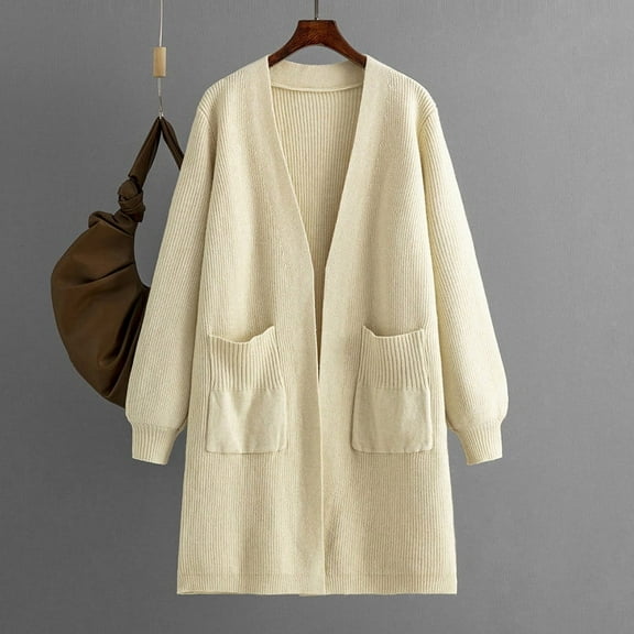 Sakmal Open Front Cardigan Sweaters Women Fall Winter Trendy Tunic Cardigan Beige Long Sweater with Pockets