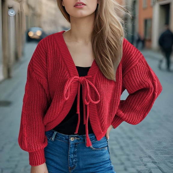 Sakmal Open Front Cardigan Sweaters Womens Cropped Casual Tie Front Knitted Cardigan Long Sleeve Red Sweater