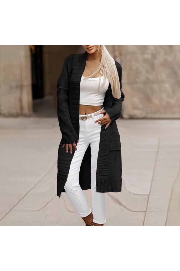 Open Front Cardigan Sweaters for Women Plus Size Cute Casual Duster Cardigan Black Long Sweater with Pockets