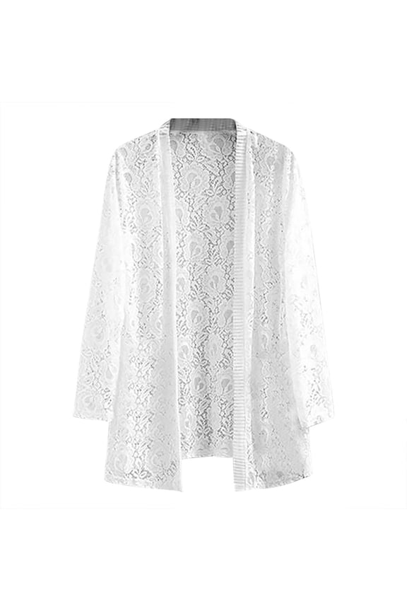 Open Front Jackets Women Plus Size White Lace Zip Up Coats Streetwear Floral Long Womens Jackets XXL