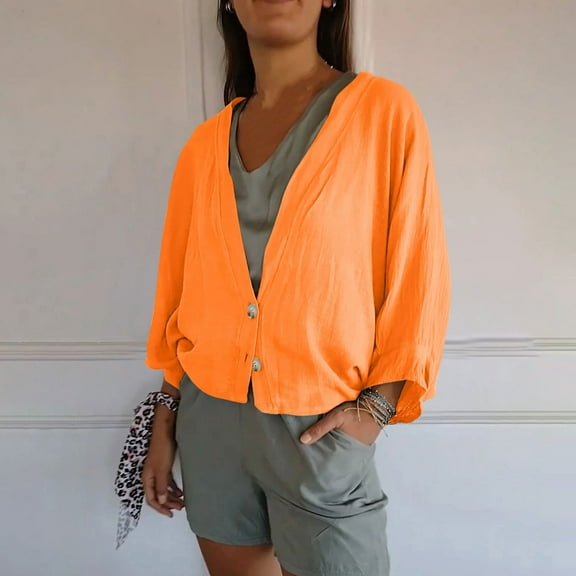 Sakmal Orange Coats for Women Casual Long Sleeve Sleeve Loose Fit Solid Cotton and Line Cardigan Ladies Jackets