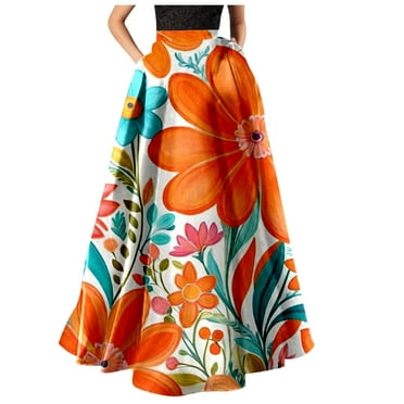 Sakmal Orange Skirt Women's Maxi Ruffle Boho Flowy Floral A line Skirts for Women