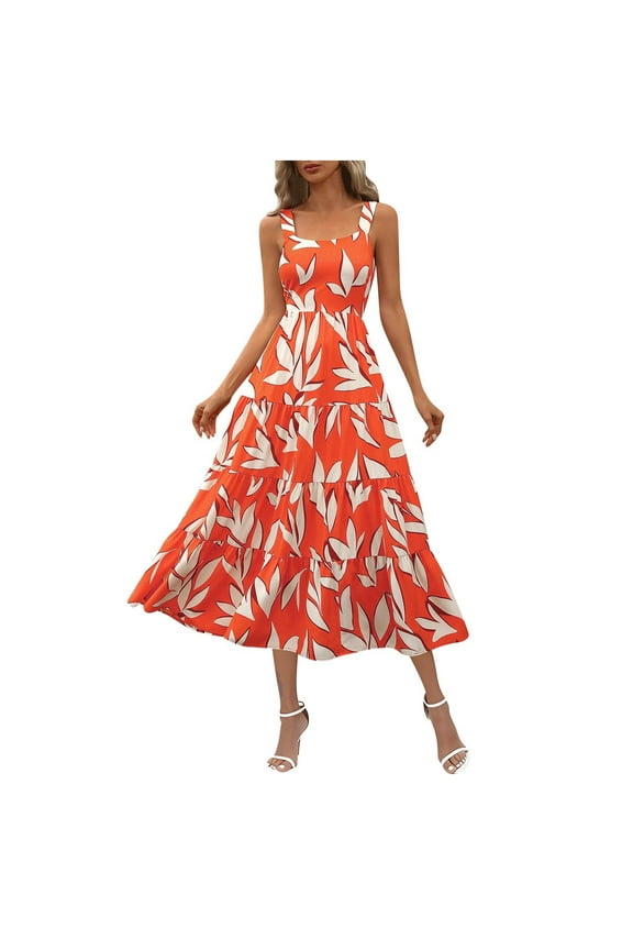 Orange Sun Dresses for Women 2024 Square Neckline Maxi Sleeveless Pleated Graphic Elegant A-Line Dress