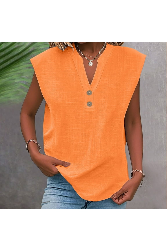 Orange Tops for Women V-Neck Sleeveless Plain Button Down Cotton and Linen Graphic Tees T-Shirts Womens Spring Tops