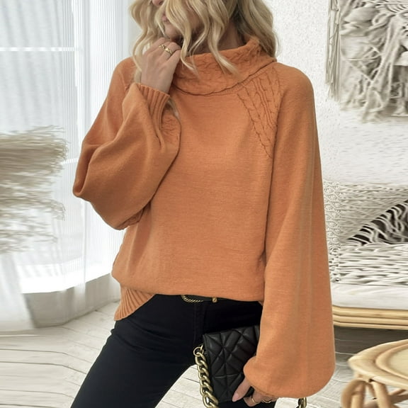 Sakmal Orange Women's Sweaters Fall Turtleneck Streetwear Plain Sweater for Women L