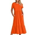 thumbnail image 1 of Sakmal Orange Womens Dresses Long A Line Ruffle T Shirt Dress Crew Neck Dresses with Pockets, 1 of 8