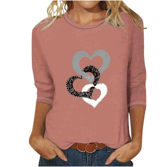 Sakmal Orange Womens Tops Plus Size 3/4 Sleeve Crew Neck Love Heart Pullover Womens Shirts