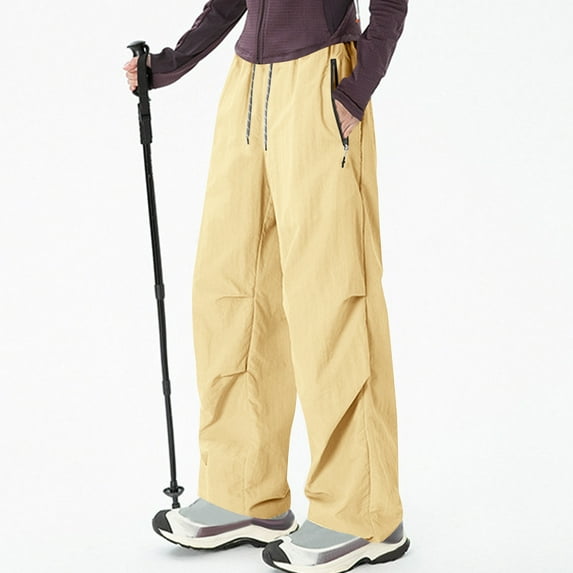 Sakmal Outdoor Pants for Women Cargo Wide Leg Hiking Yellow High Waisted Full Length Plain Pants with Pockets