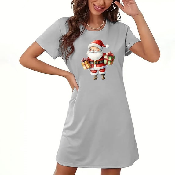 Sakmal Oversized Moomoo Nightgowns for Women Christmas Gray Ultra-Soft Playful Nightshirt Santa Claus Print Short Sleeve Crew Neck Short Nightgowns S-2XL