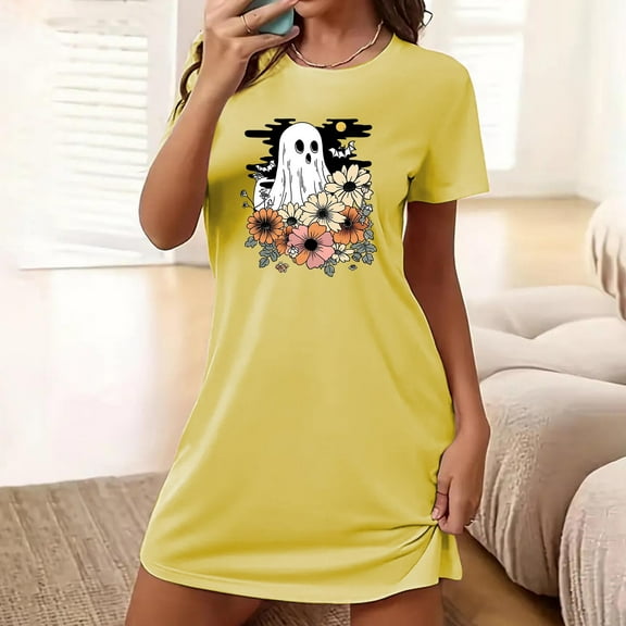 Sakmal Oversized Mumu Nightgowns for Women Yellow Cloud-Like Halloween Breathable Pajama Sleep Dress Short Sleeve Short Crew Neck Ghost Print Nightgowns S-2XL
