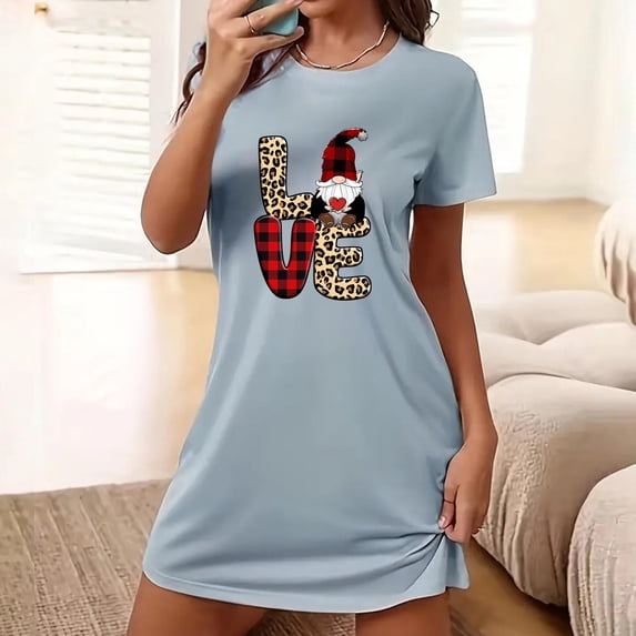 Sakmal Oversized Sleepwear for Women Stretchy Gray Soft House Dress Short Sleeve Graphic Short Crew Neck Nightgowns S-2XL