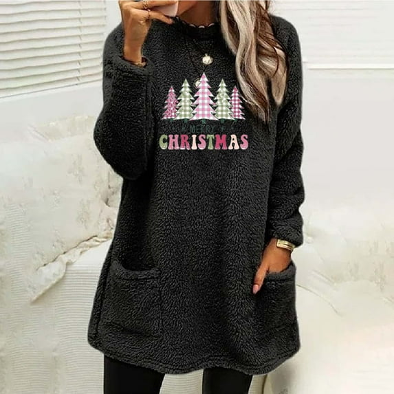 Sakmal Oversized Sweaters for Women 2025 Soft Tunic Black Christmas Tops Graphic Casual Crew Neck Sweaters with Pockets