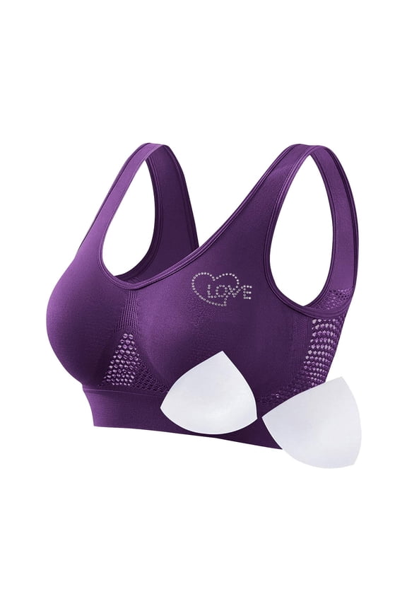 Padded Sports Bras Large Bust Plus Size Heart Print Stretchy Seamless Purple Ladies Sports Bras S