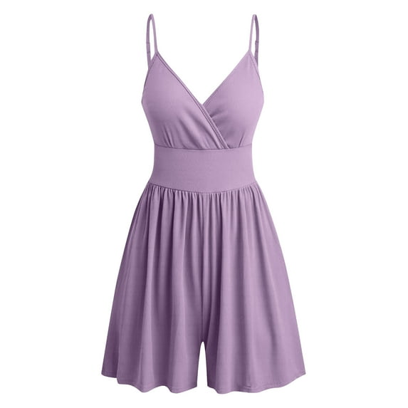 Sakmal Pajama Casual Rompers for Women Deep V Neck Purple Sleeveless Sexy Short Jumpsuits Solid Rompers