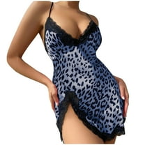 Sakmal Pajama Dress for Women Chemises Side Split Sleepshirt Sleeveless Leopard Print Blue Chemises