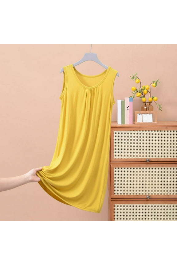 Pajama Dress for Women Cotton Plus Size Sleep Tanks Sleep Dress Yellow Sleeveless Sleep Tanks