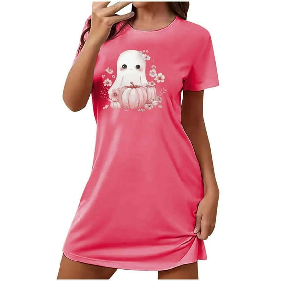 Sakmal Pajama Dress for Women Cute Halloween House Dress Pink Ghost and Pumpkin Print Short Sleeve Nightgowns