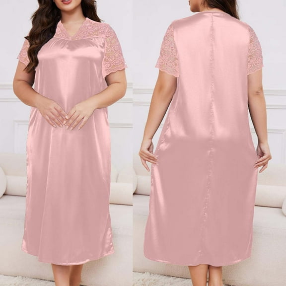 Sakmal Pajama Dress for Women Lace Plus Size Loungewear Pink Short Sleeve Nightgowns for Women
