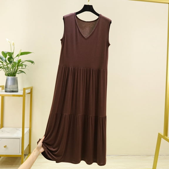 Sakmal Pajama Dress for Women Plus Size Cotton Sleep Tanks Sleep Dress Sleeveless Brown Sleep Tanks