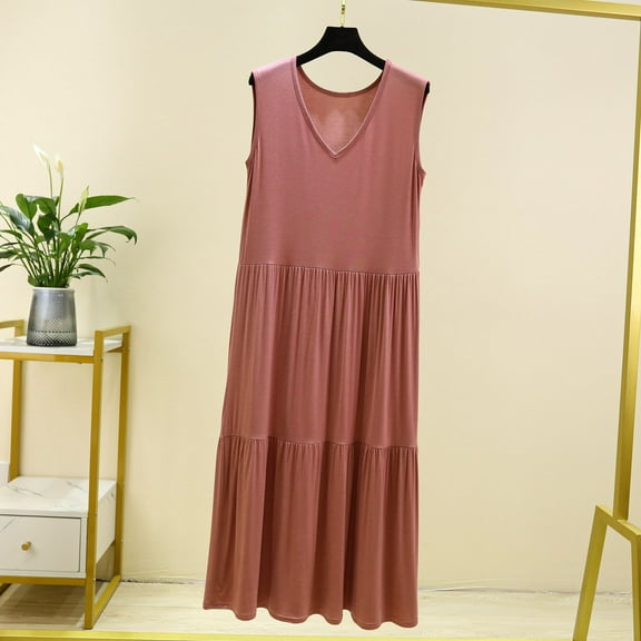 Sakmal Pajama Dress for Women Plus Size Sleep Tanks Cotton Loungewear Sleeveless Pink Sleep Tanks