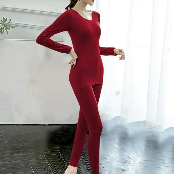 Sakmal Pajama Sets for Women 2 Piece Warm Solid Long Sleeve Top and Pants Thermal Underwear Nightwear Set ,Red,Free Size